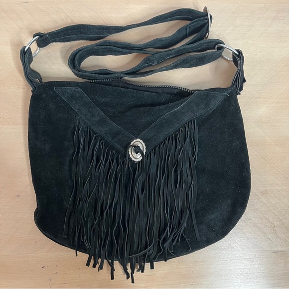 Handbags - Black Fringe Suede Shoulder Bag Western Top Zip Closure